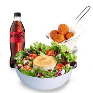 Goat cheese and cherry tomatoes Salad menu deal with Fanta orange